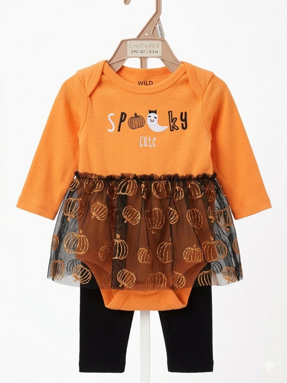 Orange 'Spooky Cute' Pumpkin Tulle Bodysuit & Black Leggings Set